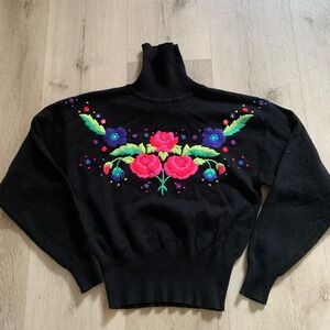 Slalom Vintage‎ Floral Embroidered Turtleneck Sweater Black Wool Blend Small